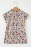 Red Boho Floral Frilled Button Neck Ruffle Short Sleeve Blouse