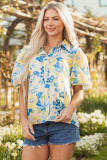 Blue Floral Striped Mixed Print Puff Short Sleeve Blouse