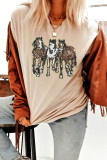 Khaki Sequin Horses Patched Casual Crewneck T Shirt