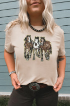 Khaki Sequin Horses Patched Casual Crewneck T Shirt