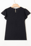 Black Flounce Sleeve Pleated Textured Blouse