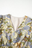 Multicolour Vintage Floral V Neck Short Puff Sleeve Long Dress