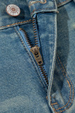 Sky Blue Double Button Patch Pocket Flare Leg Jeans