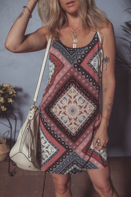 Red Geometric Paisley Print Sleeveless Shift Mini Dress