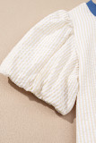 Beige Stripe Seersucker Contrast Round Neck Puff Sleeve T Shirt Dress