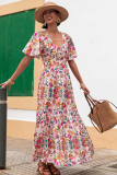 Red Floral Short Sleeve V Neck High Waist Maxi Dress