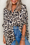 Beige Leopard Print Buttoned 3/4 Sleeve Loose Fit Shirt