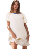 Beige Stripe Seersucker Contrast Round Neck Puff Sleeve T Shirt Dress
