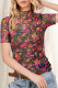 Rose Floral Print Mesh Stand Neck Short Sleeve Top