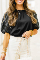 Black Feather Bubble Sleeve Patchwork Textured Blouse
