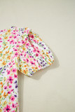 Pink Floral Puff Short Sleeve Crewneck Blouse