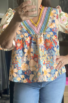 Multicolour Plus Size Floral Print Woven V Neck Half Sleeve Blouse