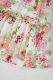 White Vibrant Floral Bubble Sleeve Sweetheart Neck Ruffle Mini Dress