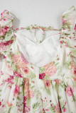 White Vibrant Floral Bubble Sleeve Sweetheart Neck Ruffle Mini Dress