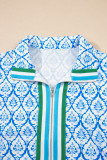 Sky Blue Western Print Zipped Collar Short Sleeve Summer Blouse Top