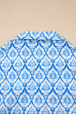 Sky Blue Western Print Zipped Collar Short Sleeve Summer Blouse Top