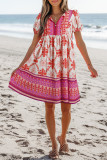 Rose Boho Floral Short Sleeve Lace-up V Neck Mini Dress