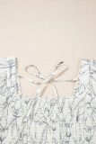 Beige Floral Print Square Neck Shirred Back Puff Sleeve Mini Dress