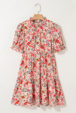 Multicolour Floral Print Frilled Neck Puff Sleeve High Waist Dress