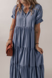 Ashleigh Blue Hidden Buttons Short Sleeve Ruffle Tiered Long Flared Dress