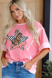 Peach Blossom Cowgirl Checkered Star Shape Print Exposed Seam T Shirt