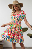 Sky Blue Abstract Print V Neck Dolman Sleeve Ruffle Tiered Mini Dress