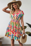 Sky Blue Abstract Print V Neck Dolman Sleeve Ruffle Tiered Mini Dress