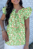 Green Abstract Leopard Tied Front Flutter Sleeve Blouse