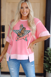 Peach Blossom Cowgirl Checkered Star Shape Print Exposed Seam T Shirt