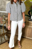 Black Striped Ruffle Short Bubble Sleeve Shirt