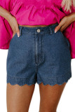 Sail Blue Scalloped Hemline Acid Wash High Waist Denim Shorts
