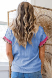 Sky Blue Leopard Patchwork Corded Knit Crew Neck T Shirt