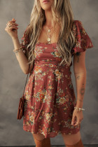 Red Floral Puff Sleeve Square Neck Knot Open Back Mini Dress