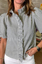 Black Striped Ruffle Short Bubble Sleeve Shirt