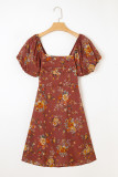 Red Floral Puff Sleeve Square Neck Knot Open Back Mini Dress