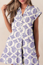 Sky Blue Printed Shirt Collar Half Button A-line Mini Dress