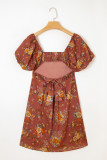 Red Floral Puff Sleeve Square Neck Knot Open Back Mini Dress