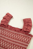 Red Sandalwood Geometric Stitch Shirred Bodice Ruffled Trim Sleeveless Mini Dress