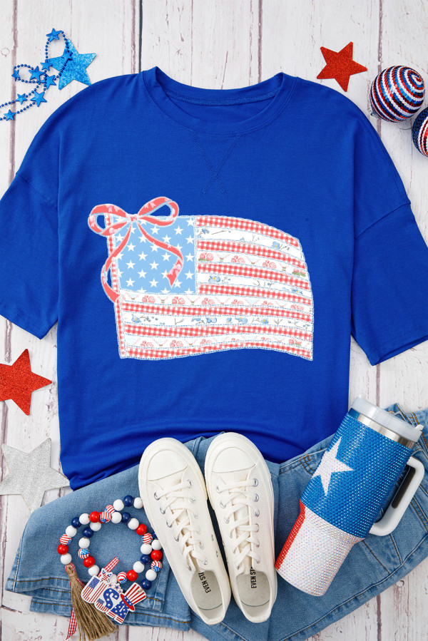 Dark Blue Bowknot Floral American Flag Print Side Slit 4th July T Shirt