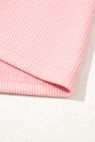 Light Pink Pearl Beaded Ruffle Short Sleeve Patchwork Ribbed Blouse
