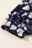 Blue Abstract Print Frilled Puff Sleeve V Neck Blouse