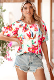 White Floral Print Puffy Half Sleeve Blouse