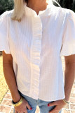 White Striped Ruffle Short Bubble Sleeve Shirt