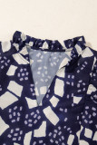 Blue Abstract Print Frilled Puff Sleeve V Neck Blouse