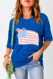 Dark Blue Bowknot Floral American Flag Print Side Slit 4th July T Shirt
