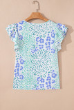 Sky Blue Leopard Layered Ruffle Short Sleeve Casual Blouse