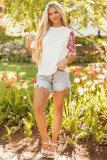Beige Floral Puff Sleeve Patchwork Round Neck Top