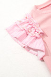 Light Pink Pearl Beaded Ruffle Short Sleeve Patchwork Ribbed Blouse