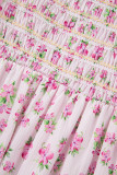 Pink Frilly Shirred Bodice Tiered Floral Maxi Dress