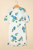 White Plus Size Floral Short Puff Sleeve Contrast Tie V Neck Dress